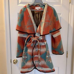 Tasha Polizzi Blanket Wrap Coat Southwestern Boho Coral Turquoise Aztec